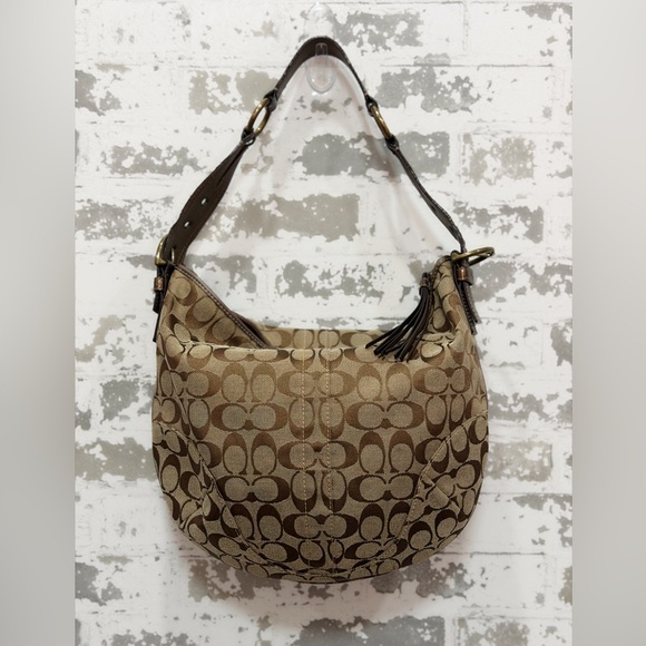 Coach Lurex Hobo Bag Metallic Tan Logo Print 8K37 | Gold Python Handle | EUC - Picture 2 of 10